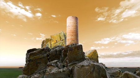 Huge blockages of voluminous stones against a background of blue and orange sky. Motion.Cartoon animation with fragments from a mountain lying on green grass against a bright sky.の写真素材