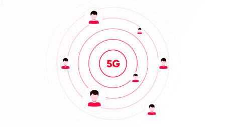 Yellow and white background. Motion.A bright background that shows the distribution of the Internet 5 g and users icons that will connect in the animation.の写真素材