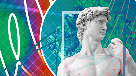 Bright animation next to the icon of an antique sculpture. Motion.Multicolored patterns poking around next to the portrait of the sculpture that Michelangelo made.の写真素材