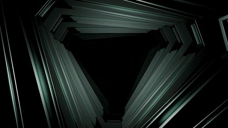 Entering into monochromatic triangular space tunnel. Motion. 3d moving black and white corridor.の写真素材