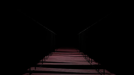 Abstract wooden bridge with rare planks on a dark background. Design. Bridge to nowhere into the dark, endless road of life.の写真素材
