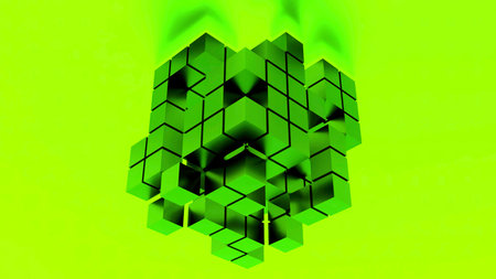 cube transforming on a bright yellow and green background. Design. 3D figure of many small cubes.の写真素材