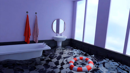Illustration of a surreal realistic bathroom. Design. Dreaming of flooded bath with water of the floor and a floating lifebuoy.の写真素材