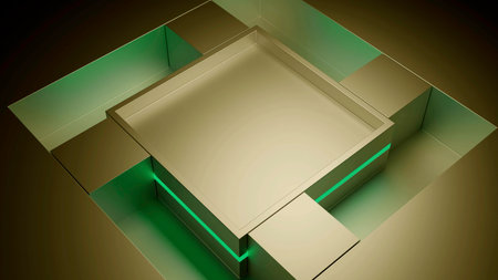 Endless optical illusion with four small cubes moving rhythmically around the bigger one. Design. Hypnotic geometric animation.の写真素材
