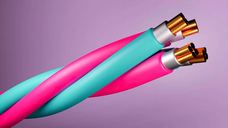 Concept of fiber optic cable on a colored background. Design. Future cable technology, detailed...