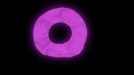 Animation with ring of neon rings blurring in space. Design. Neon 3d rings bend in dark space. Circle of linear neon lines changes on dark backgroundの写真素材