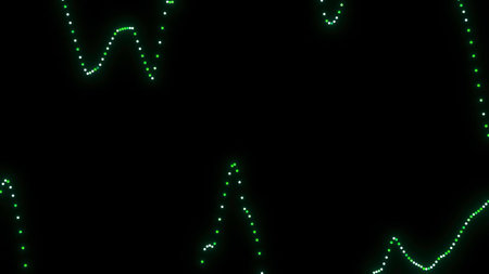 Lines with dots move to rhythm of music. Design. Rhythmic lines of dots move on black background....