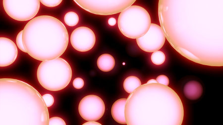 Glowing 3d balls move in dark space. Design. Warm glowing balls move on background of dark space....