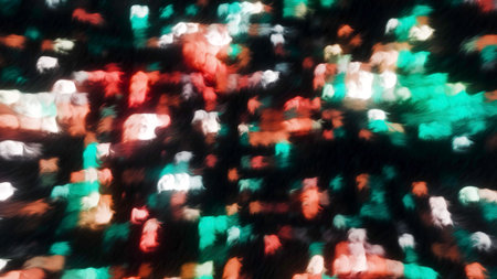 Colorful square shimmer on black background. Motion. Background with ripple effect of liquid surface with square highlights. Card square highlights move in liquid streamの写真素材