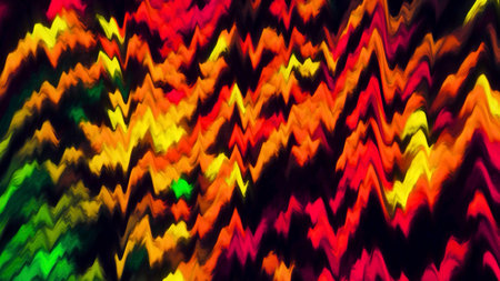 Background with colorful wavy lines flashing in motion. Motion. Moving waves of colorful ribbed lines on black background. Flashing colorful vibration linesの写真素材