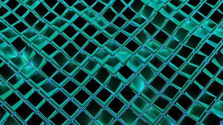 3d cubes move in neon cells. Design. Wave movements of squares in neon cells. 3D squares on surface move in waves with neon lightの写真素材