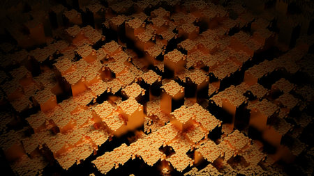 Surface of moving squares. Design. Squares moving in chaotic waves. 3D squares move with dot texture on surfaceの写真素材