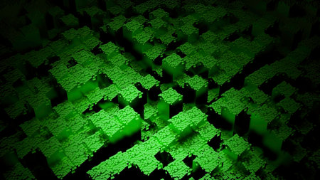 Surface of moving squares. Design. Squares moving in chaotic waves. 3D squares move with dot texture on surfaceの写真素材