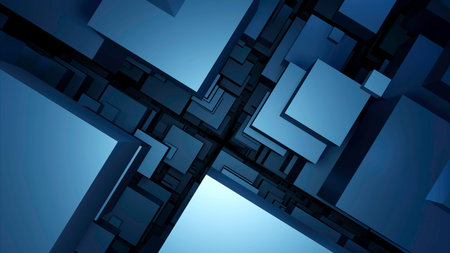 Movement through 3d space with cubes. Design. Tunnel with 3d lips in multi-level space. Perspective in 3D space with corridor of cubesの写真素材