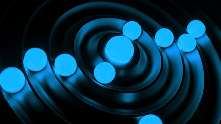 Glowing 3d balls move in rings. Design. Rotating 3d balls in spiral rings. Glowing balls move in orbits in disksの写真素材