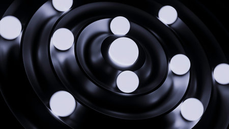 Glowing 3d balls move in rings. Design. Rotating 3d balls in spiral rings. Glowing balls move in orbits in disksの写真素材