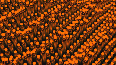 3d waves with columns and balls. Design. Rising in waves cylinders with glowing balls. Hypnotic waves with 3d geometric lines and ballsの写真素材