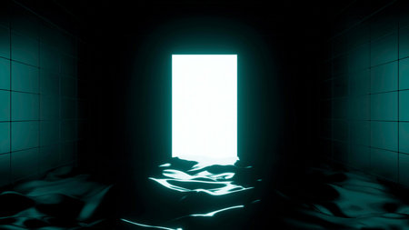 3d room with liquid and door. Design. Bright glowing door with dark room filled with liquid. Gloomy 3d room with liquid and glowing exitの写真素材