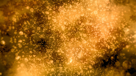 Beautiful background with moving glowing spots and bokeh. Motion. Round particles disappear and appear in space on glowing background. Beautiful background with round flying particles and bright spotsの写真素材