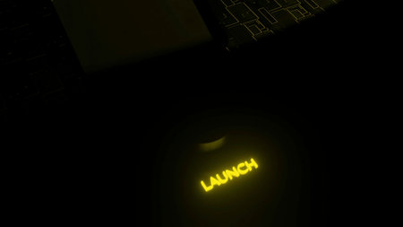 Glowing 3d launch button. Design. Button to start computer system in dark. Neon startup sign with...