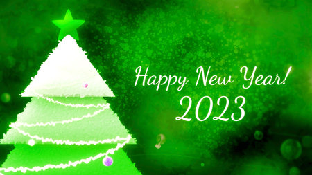 Animation of Happy New year 2023 with Christmas tree. Motion. Beautiful greeting animation happy New...