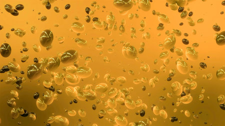Dense bubbles flying in air. Motion. A lot of balls are moving chaotically in space. Balls or bubbles slowly fly in space. Rotating flow of round liquid moleculesの写真素材