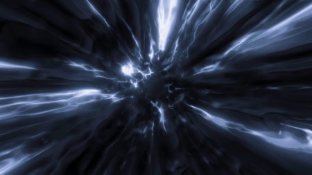 Rotating tunnel with clouds and lightning. Motion. Bright tunnel of fog and neon lines. Plasma energy in cloud tunnelの写真素材