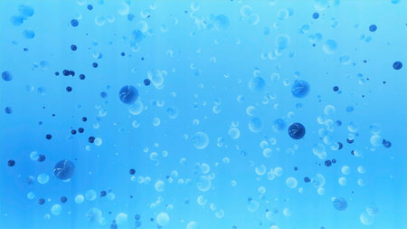 Molecular 3d balls rotate in liquid. Motion. 3D molecules move in flow in liquid background....