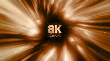Animation with 8K sign. Motion. Luminous round stream of rays with 8K sign in center. Animation for showing video quality in 8K resolutionの写真素材