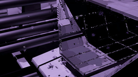 Purple animation. Design.A small grid in the abstraction that scatters particles in different directions.の写真素材