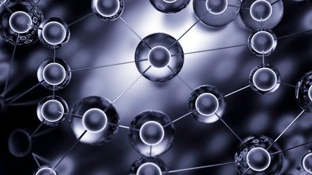Green and gray background. Design. Connected molecules with a nucleus that move in different directions in abstraction.の写真素材