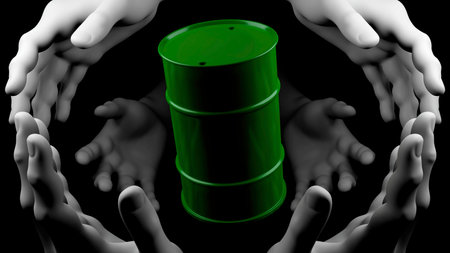 Philosophical background about the environment. Design. A black background on which white hands and harmful chemical elements are depicted in barrels in animation.の写真素材