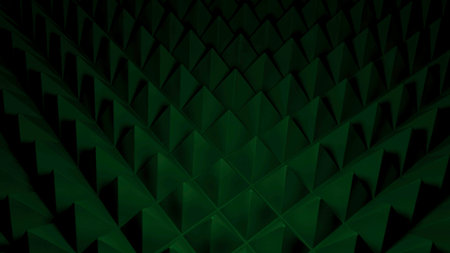 Background of pyramidal triangles on surface. Design. Surface with 3d pyramids like scales or needles. Background with triangular pyramids and sharp textureの写真素材