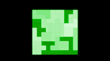 Black background. Design.Green tetris in animation falling on a dark empty background.の写真素材