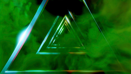 Green and pink smoke near the triangle tunnel. Design. Golden triangles standing on which a bright spray of multicolored colors falls in animation.の写真素材