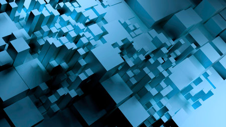 White and blue broken background. Design.Three D squares growing in different sizes in abstraction.の写真素材