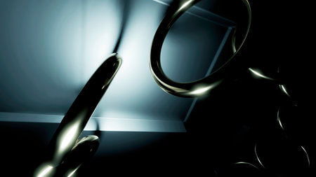 Golden flying rings. Design. Dark background in abstraction with gold circles rotating at a fast...