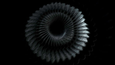 Black background. Motion. A huge long spring of gray and blue color moves in a spiral in animation.