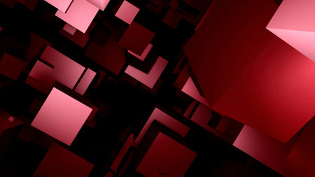 Red and blue squares in the dark. Design.Dark background with large volumetric squares flying around in animation.の写真素材