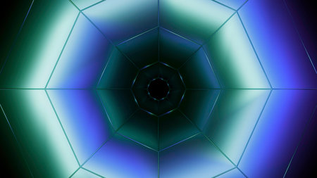 Illusion of moving tunnel with geometric lines. Design. Octagonal figure with lines moves in tunnel....