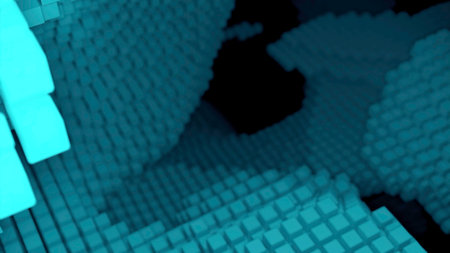 3D space with cubic shapes and steps. Design. 3D shapes and abstract hills in cyberspace. Projection of squares with spatial depth on black backgroundの写真素材