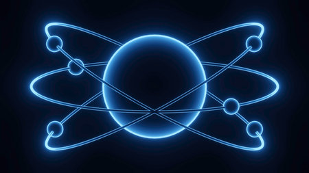 3D animation of molecular structure with electrons. Design. Electrons rotating along trajectory around molecule. Animation of moving electron with molecule and atom. Physics and Chemistryの写真素材