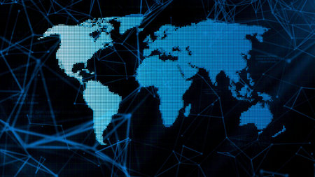 Abstract world map on a plexus background. Motion. Concept of social science and globalization.