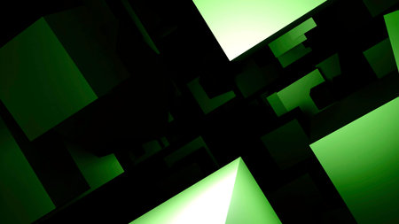 Moving in the dark 3d cubes. Design. Stream of cubes flying slowly with the game of light and shadow...