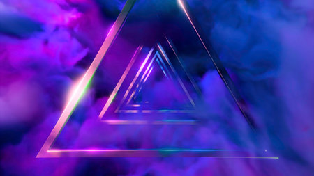 Flying inside futuristic abstract tunnel of metallic triangles and smoke. Design. Endless triangular metal shapes.の写真素材