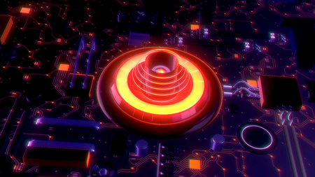 Abstract control panel of a futuristic computer machine. Glowing indicators of an alien computer.の写真素材