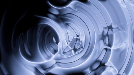 Abstract fluid metal texture with flowing bubbles. Motion. Circular shapes and forms, monochrome.の写真素材