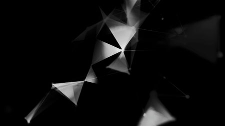 Monochrome plexus triangles creating transforming figure. Motion. Black and white transparent flying shapes.の写真素材