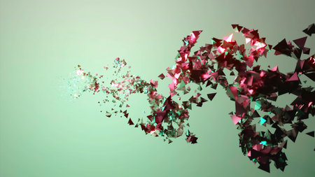 Colorful shimmering particles move in stream. Design. Stream of bright shining confetti on black background. Glitter and reflection from shimmering confettiの写真素材