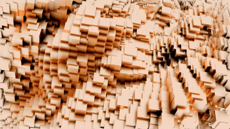 Abstract background with light orange moving cubic surface. Design. Dynamic motion of many layers of small cubes.の写真素材